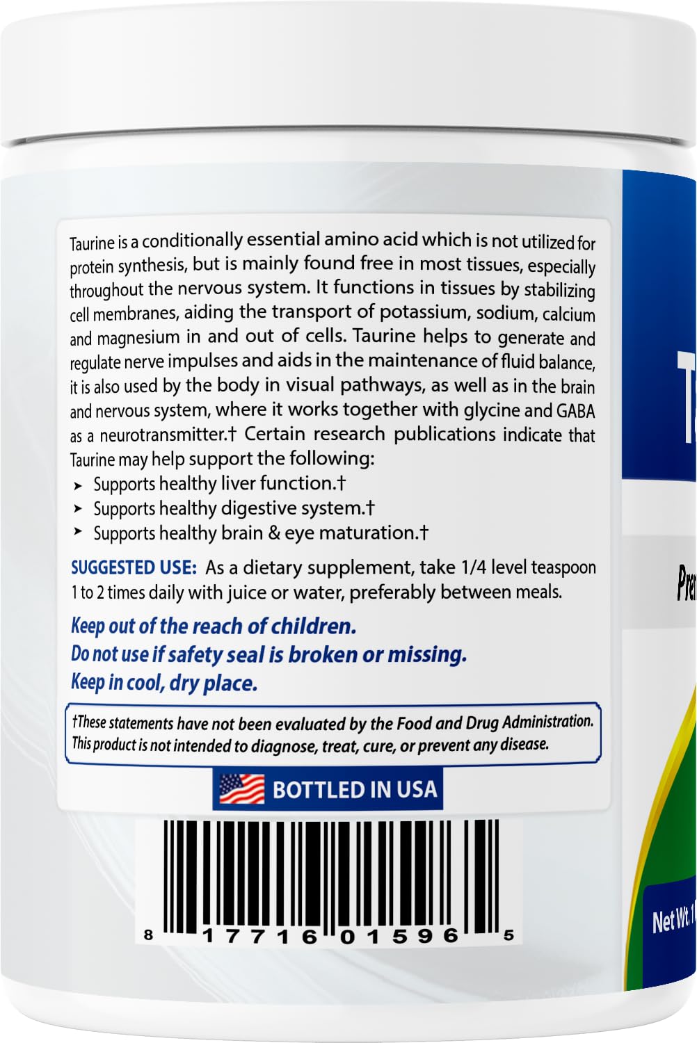 Best Naturals Taurine powder packaging side highlights freshness and resealability