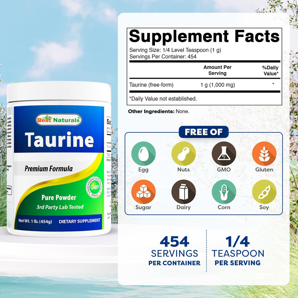 Best Naturals Taurine powder scoop serving shows easy daily dosing