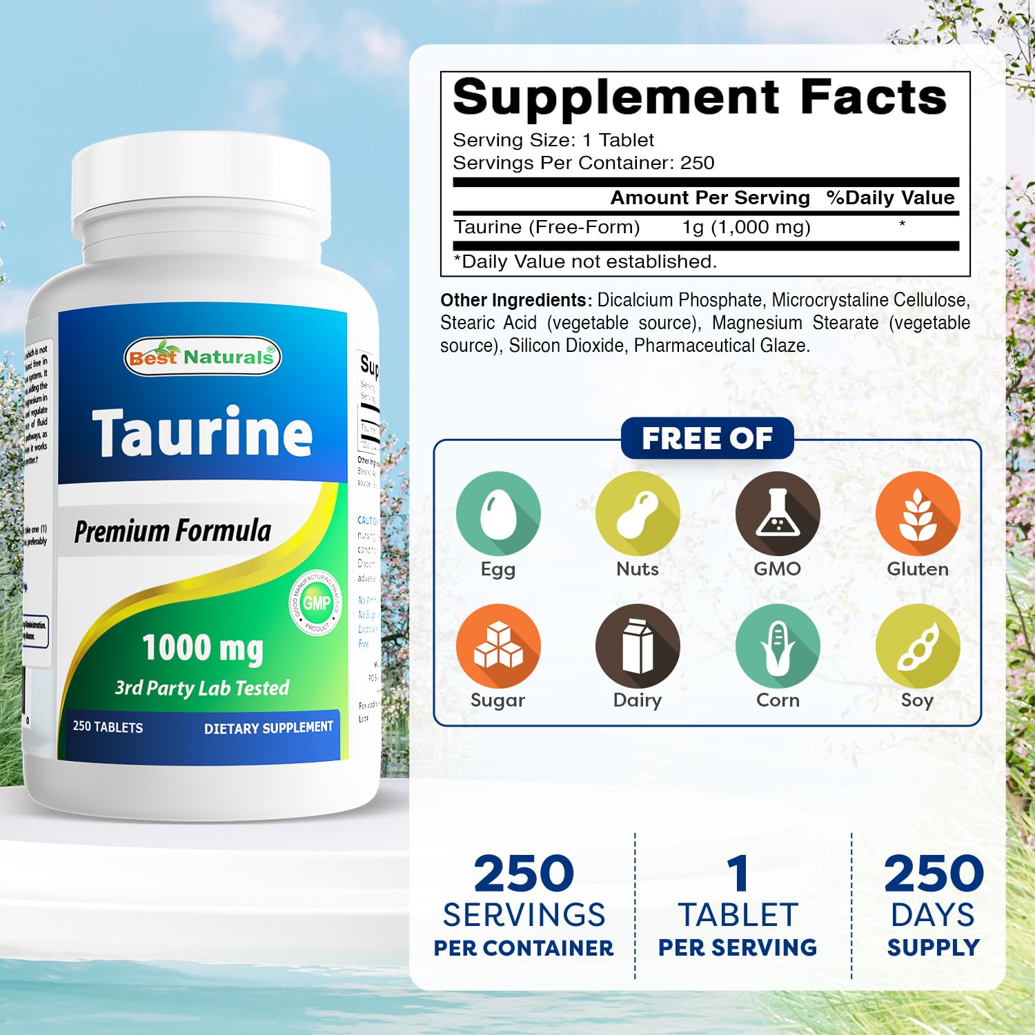 Close-up of Best Naturals Taurine tablet—potential support for cellular activity.