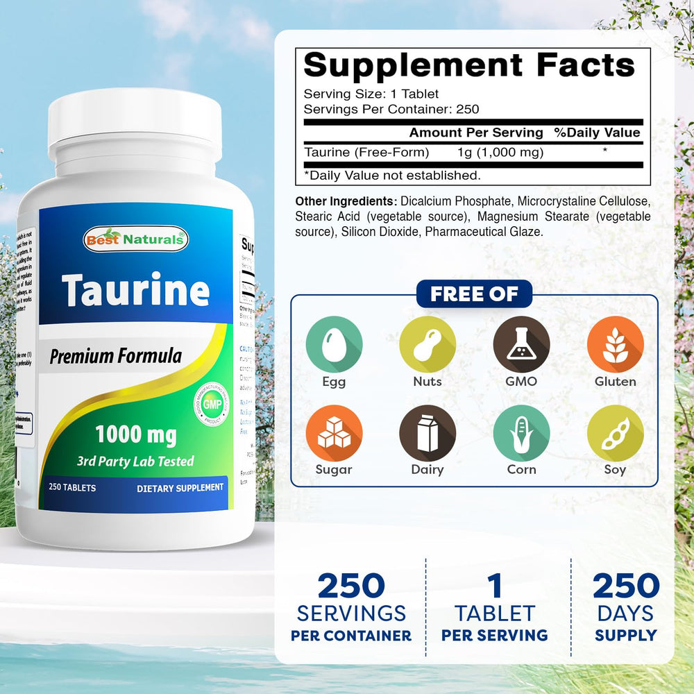 Close-up of Best Naturals Taurine tablet—potential support for cellular activity.