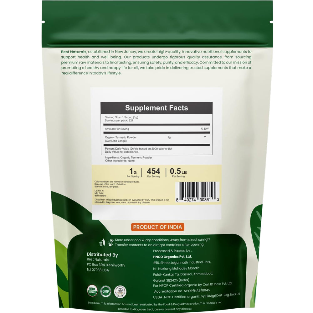 Best Naturals turmeric powder shows a fine powder ideal for smoothies, shakes, or water.