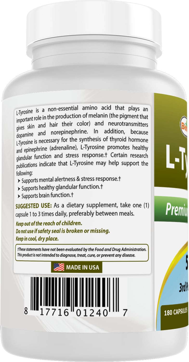Best Naturals L-Tyrosine 180 capsules bottle indicates 500 mg per capsule