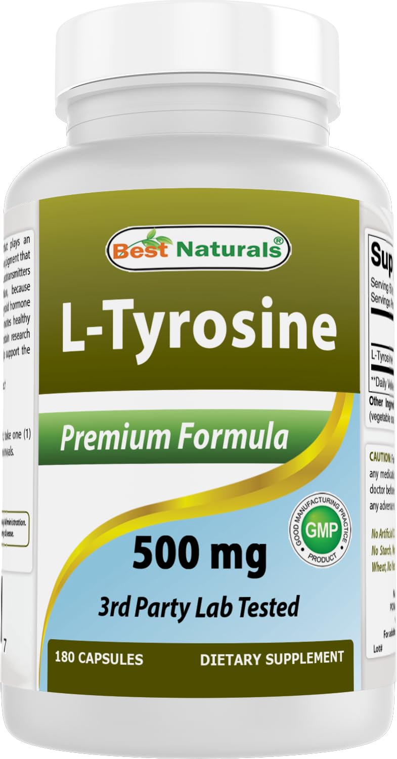 Best Naturals L-Tyrosine bottle front view promotes mental clarity and steady energy
