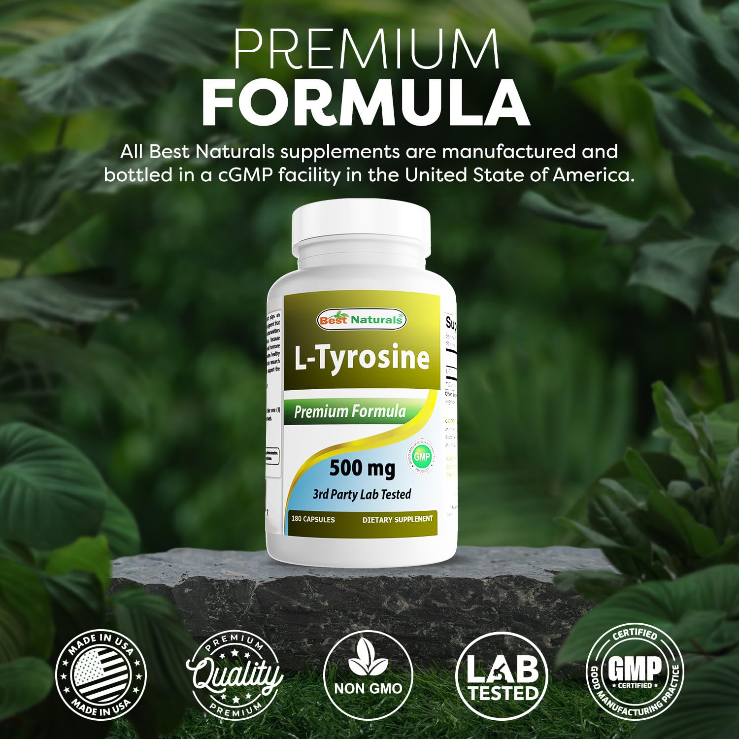 Best Naturals L-Tyrosine capsules arranged with spoon suggest convenient daily dosage