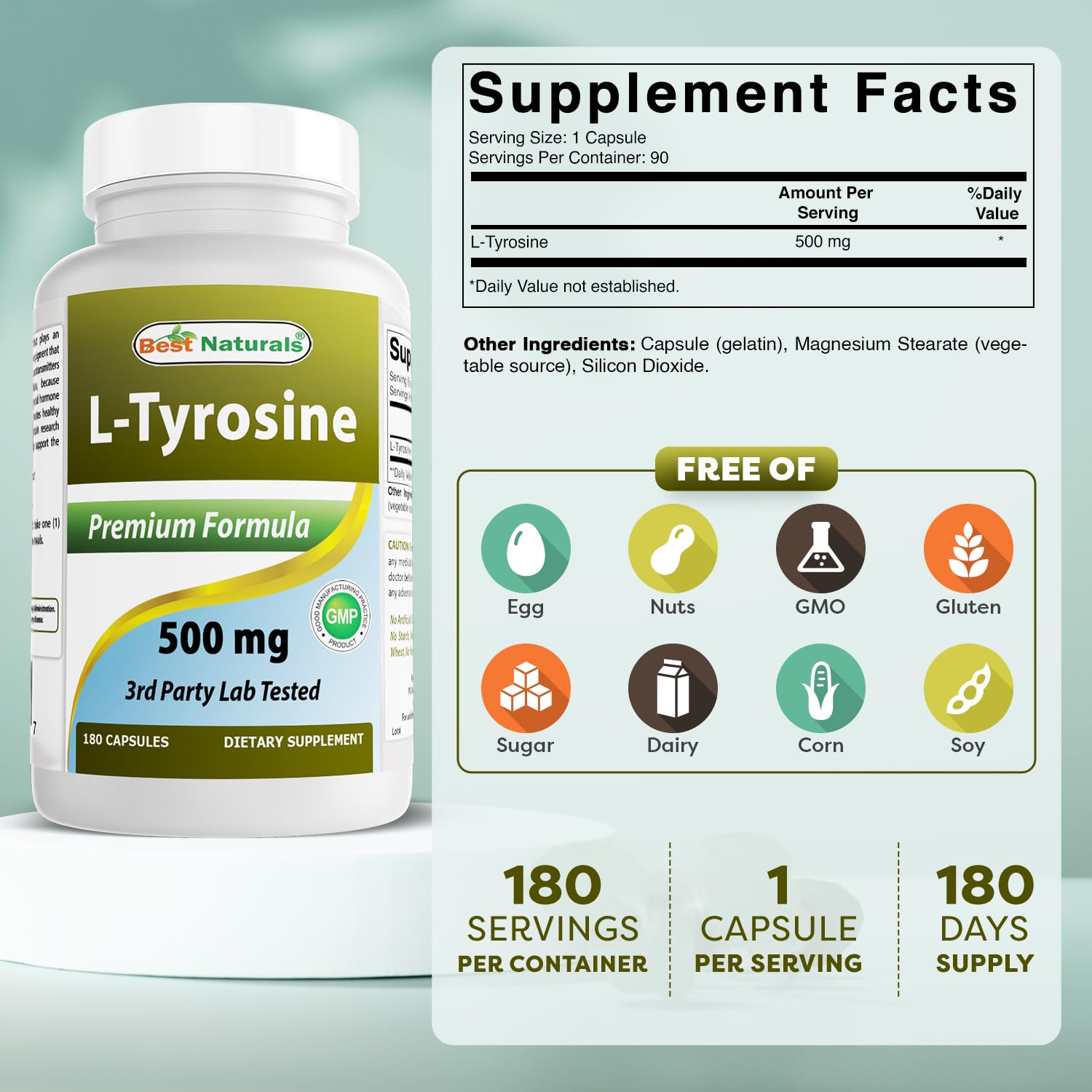 Best Naturals L-Tyrosine capsules on a clean surface suggest daily focus use
