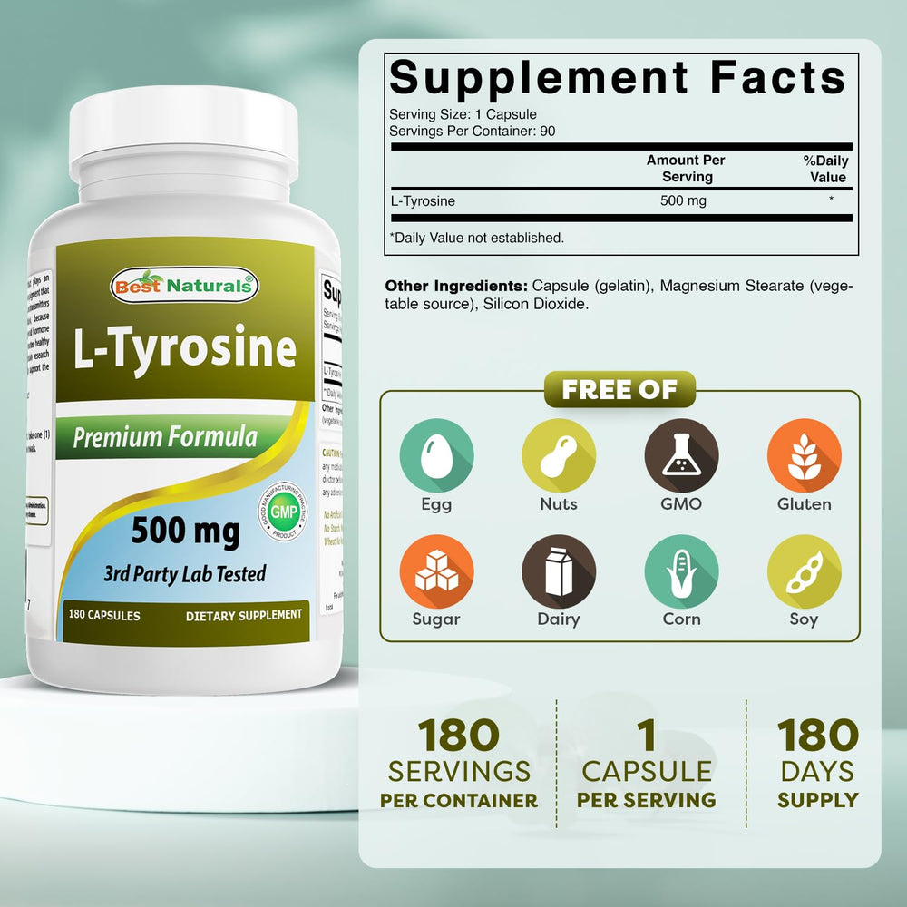 Best Naturals L-Tyrosine capsules on a clean surface suggest daily focus use