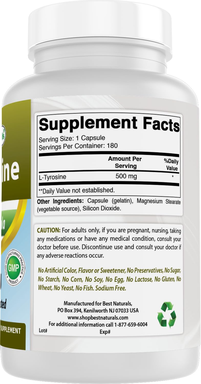 Best Naturals L-Tyrosine packaging box beside bottle highlights gluten-free and non-GMO claims