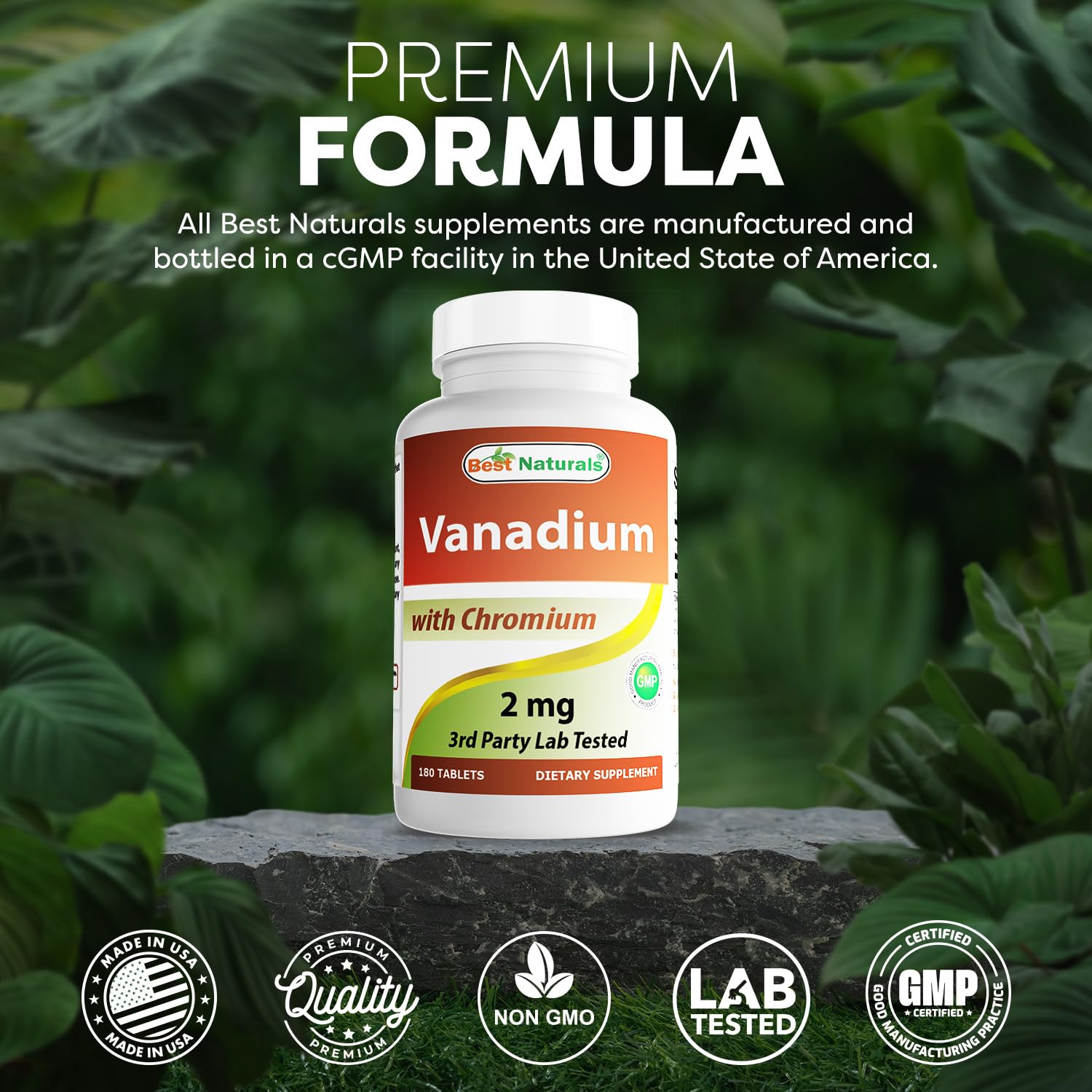 Best Naturals Vanadium 2mg packaging showing 180 tablets for ongoing use.