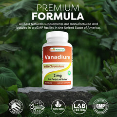 Best Naturals Vanadium 2mg packaging showing 180 tablets for ongoing use.