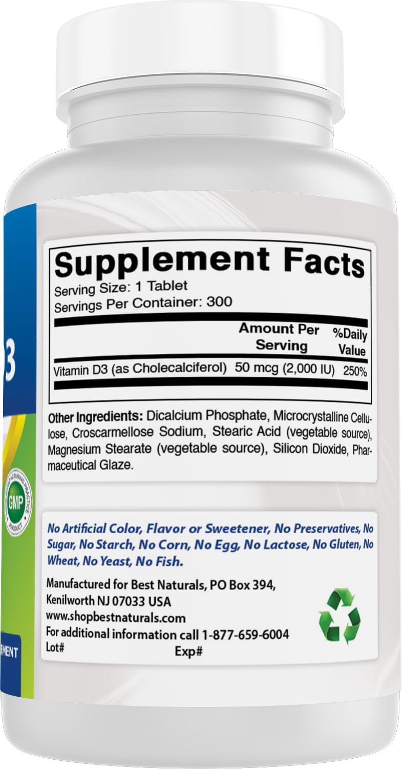 No artificial additives claim on Best Naturals Vitamin D3 2000 IU bottle label.