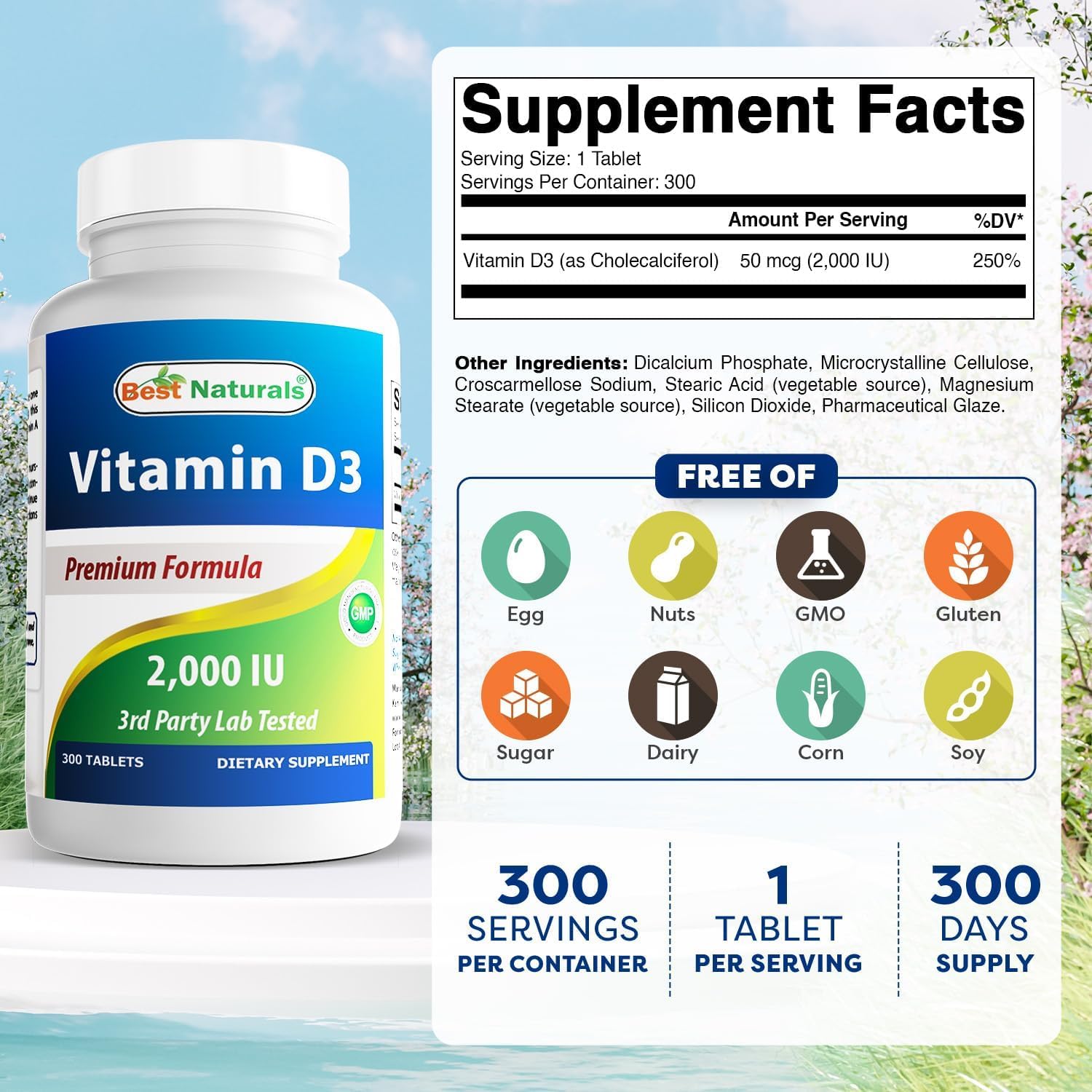 Best Naturals Vitamin D3 2000 IU bottle label detail highlighting 300 tablets per bottle.