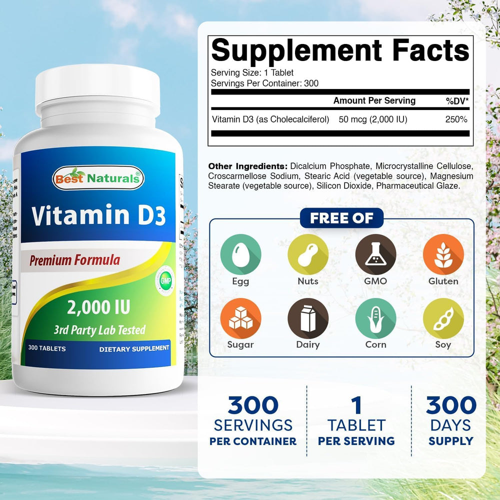 Best Naturals Vitamin D3 2000 IU bottle label detail highlighting 300 tablets per bottle.