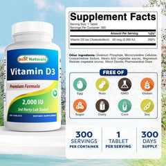 Best Naturals Vitamin D3 2000 IU bottle label detail highlighting 300 tablets per bottle.