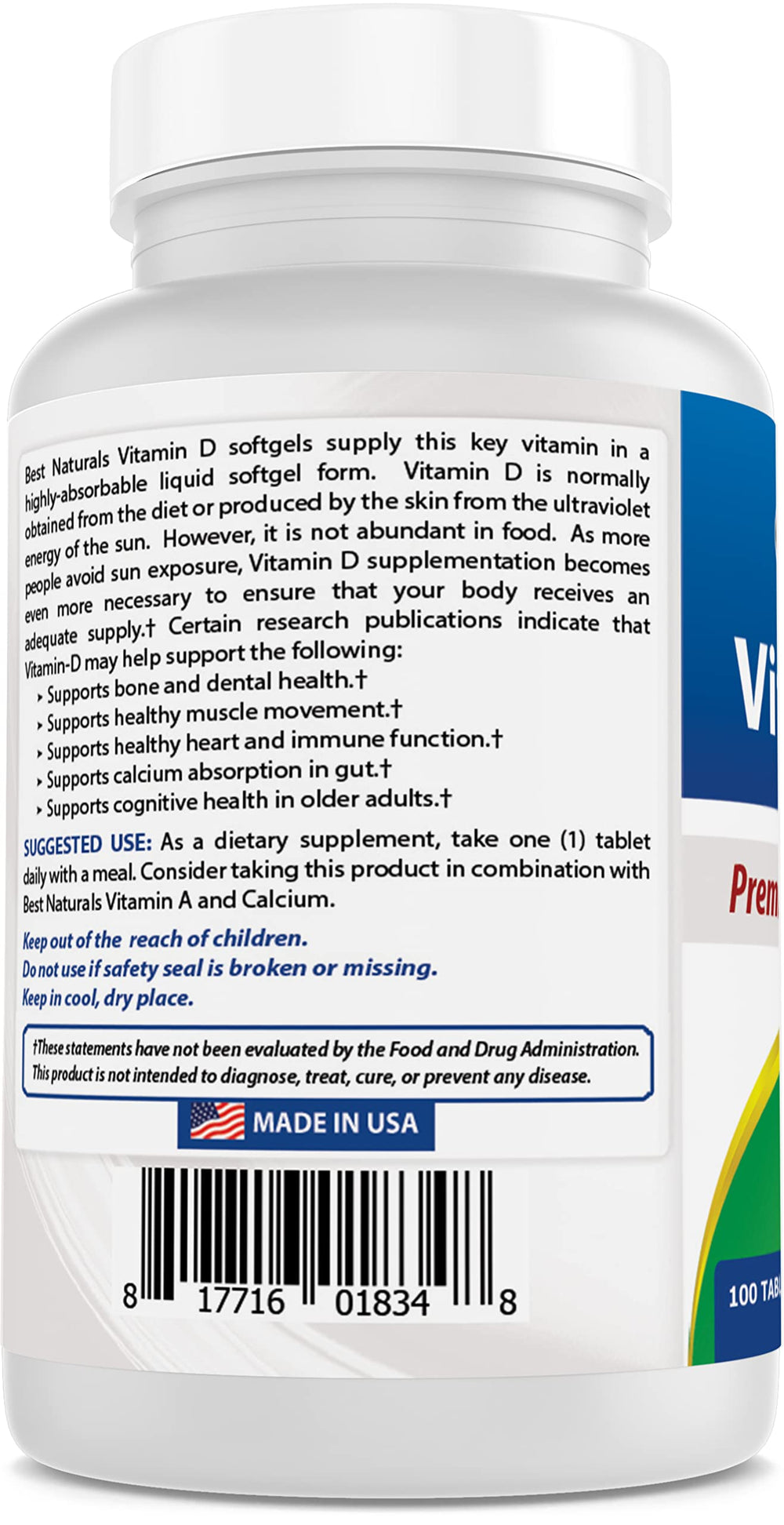 Best Naturals Vitamin D3 2000 IU serving size chart image for planning.