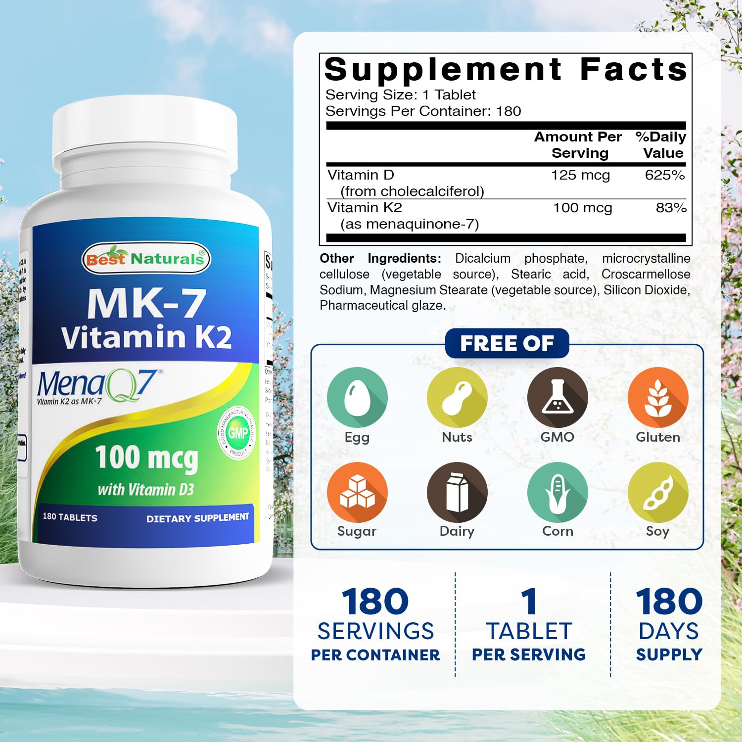 Best Naturals Vitamin K2 MK7 with D3 bottle label close-up emphasizes purity and third-party testing.