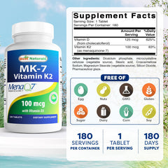Best Naturals Vitamin K2 MK7 with D3 bottle label close-up emphasizes purity and third-party testing.
