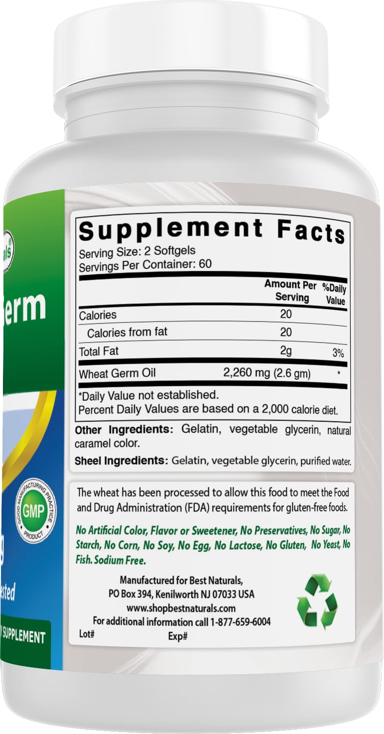 Nutrition panel of Best Naturals Wheat Germ Oil supplement.