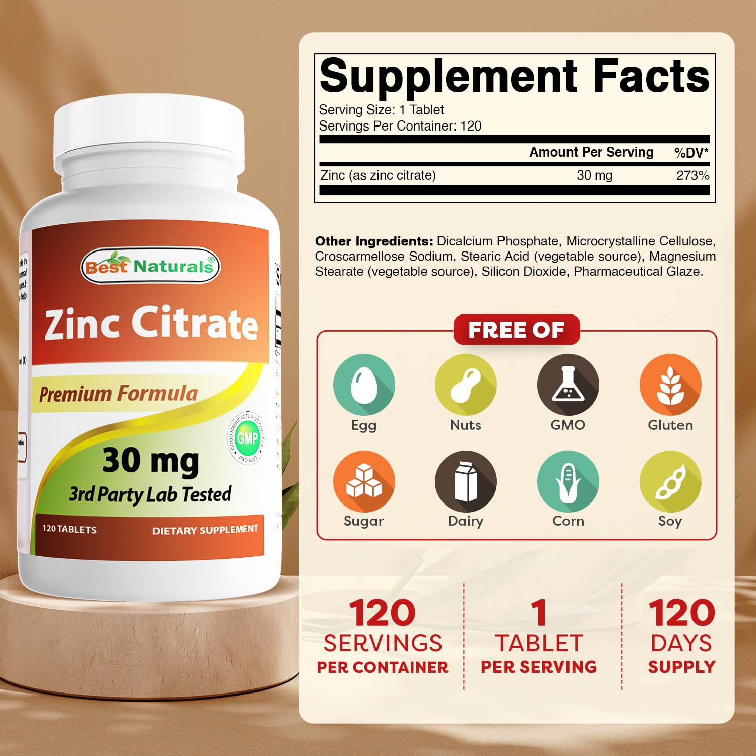 Close-up of Best Naturals Zinc 30mg Citrate tablets highlighting purity.