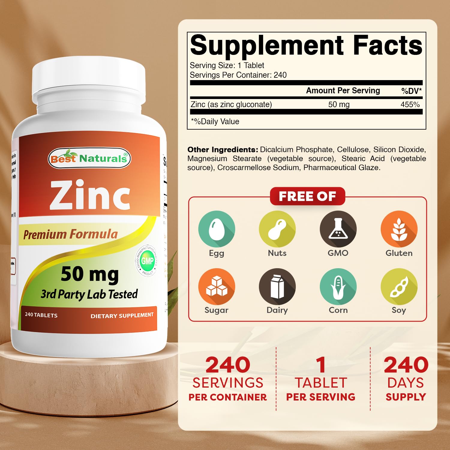 Close-up of zinc gluconate 50 mg tablet from Best Naturals