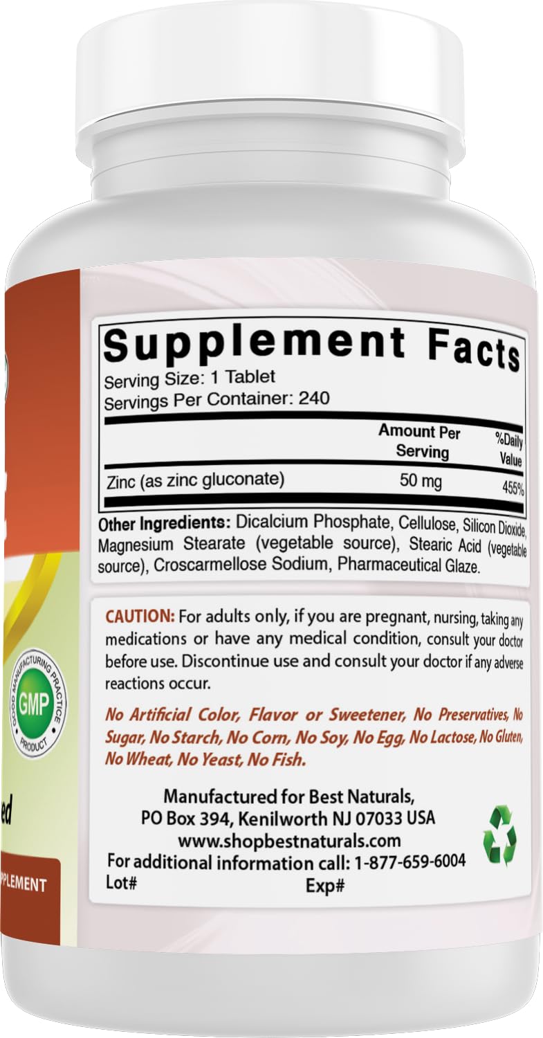 Supplement facts for Best Naturals Zinc Gluconate 50 mg
