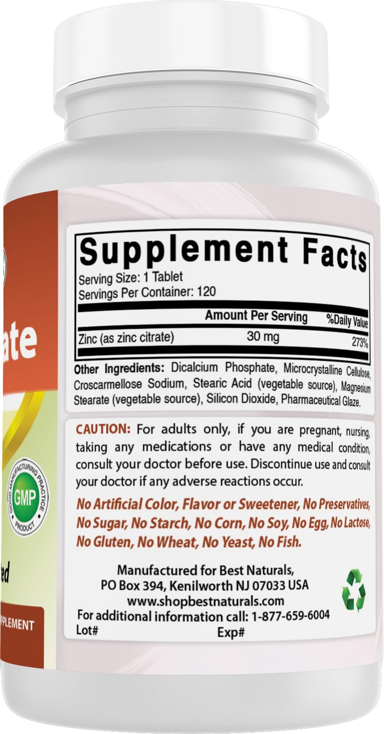 Best Naturals zinc USA-made GMP facility badge.