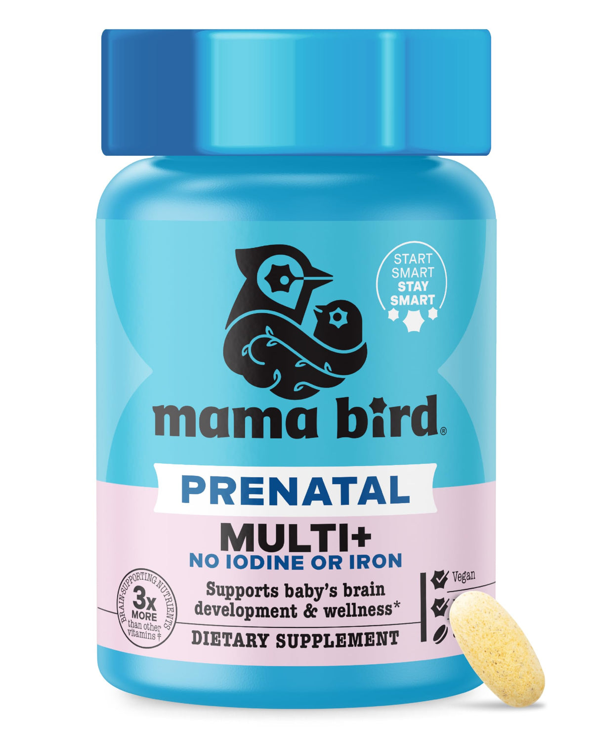 Best Nest Wellness Mama Bird prenatal caplets on bottle cap for easy digestion
