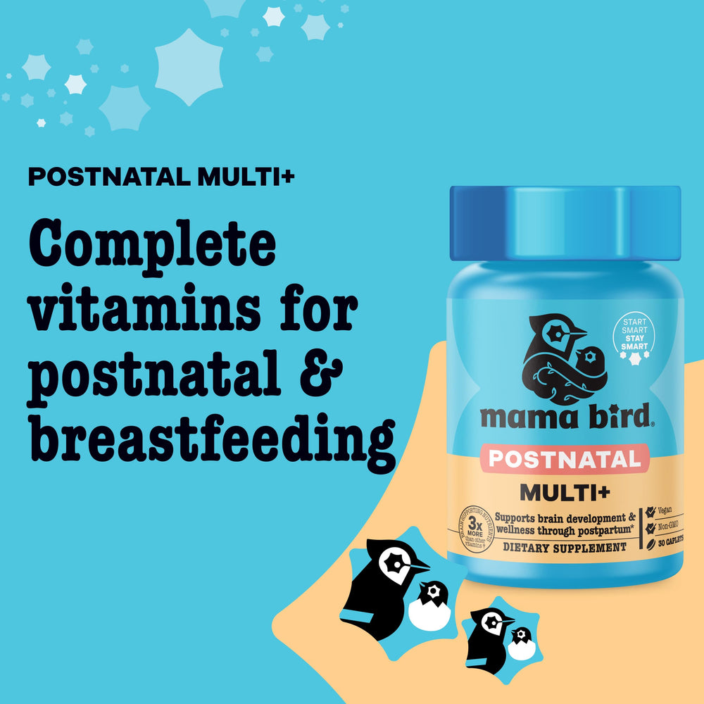Close-up of the label on Best Nest Wellness Mama Bird postnatal vitamins bottle with organic blend