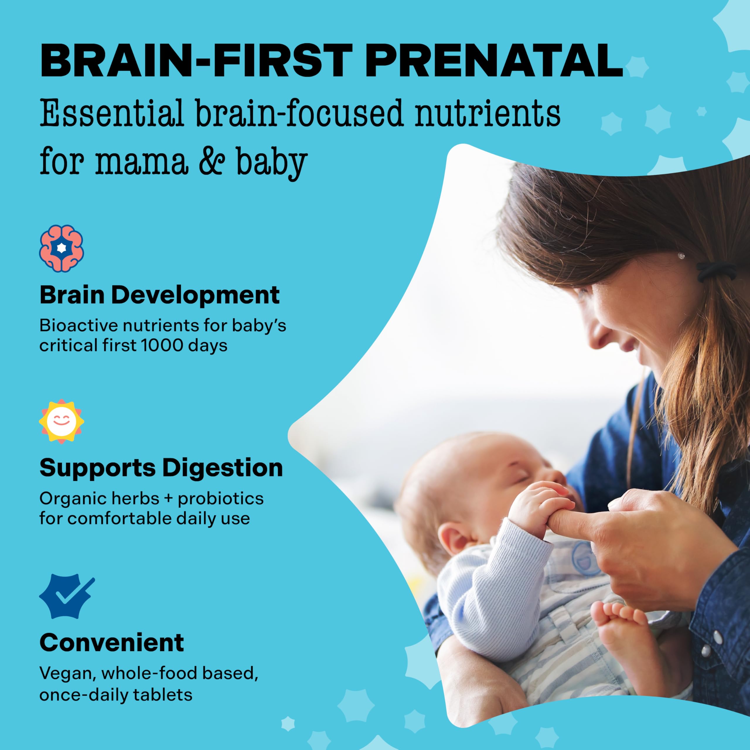 Mama Bird prenatal label highlights vegan, gluten-free, and non-GMO formula.