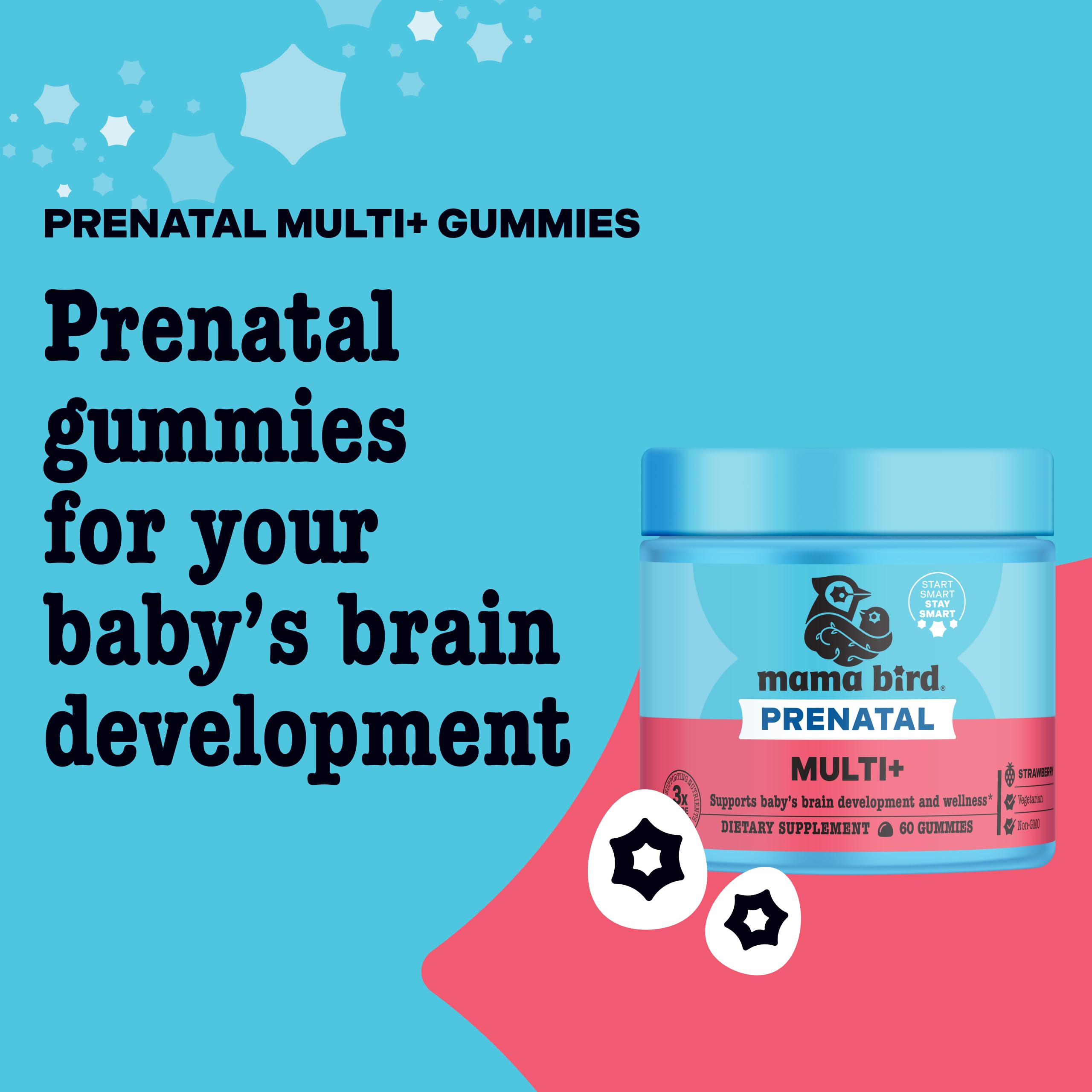 Best Nest Wellness Mama Bird Prenatal Multi Plus vegan gummies provide methylfolate for daily wellness.