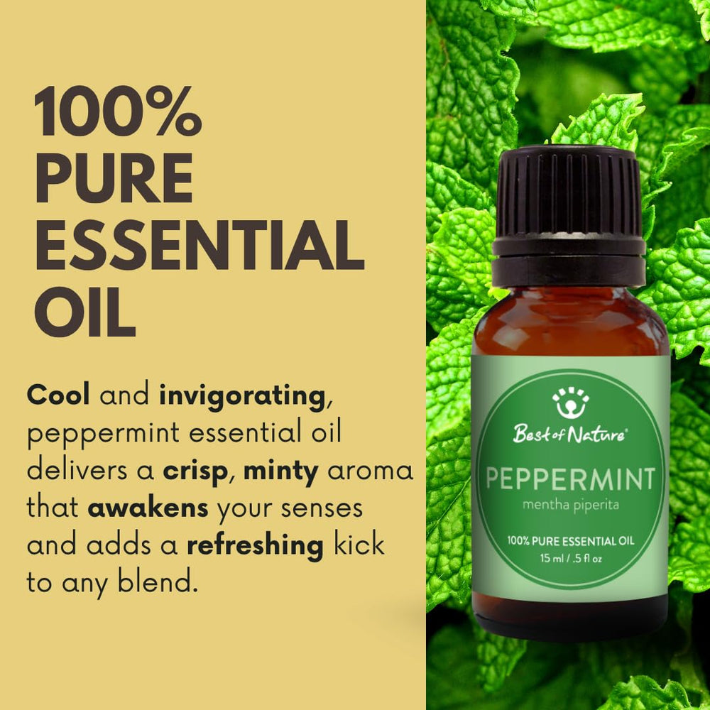Best of Nature Peppermint Oil bottle pour showing easy DIY blending and diffusing.