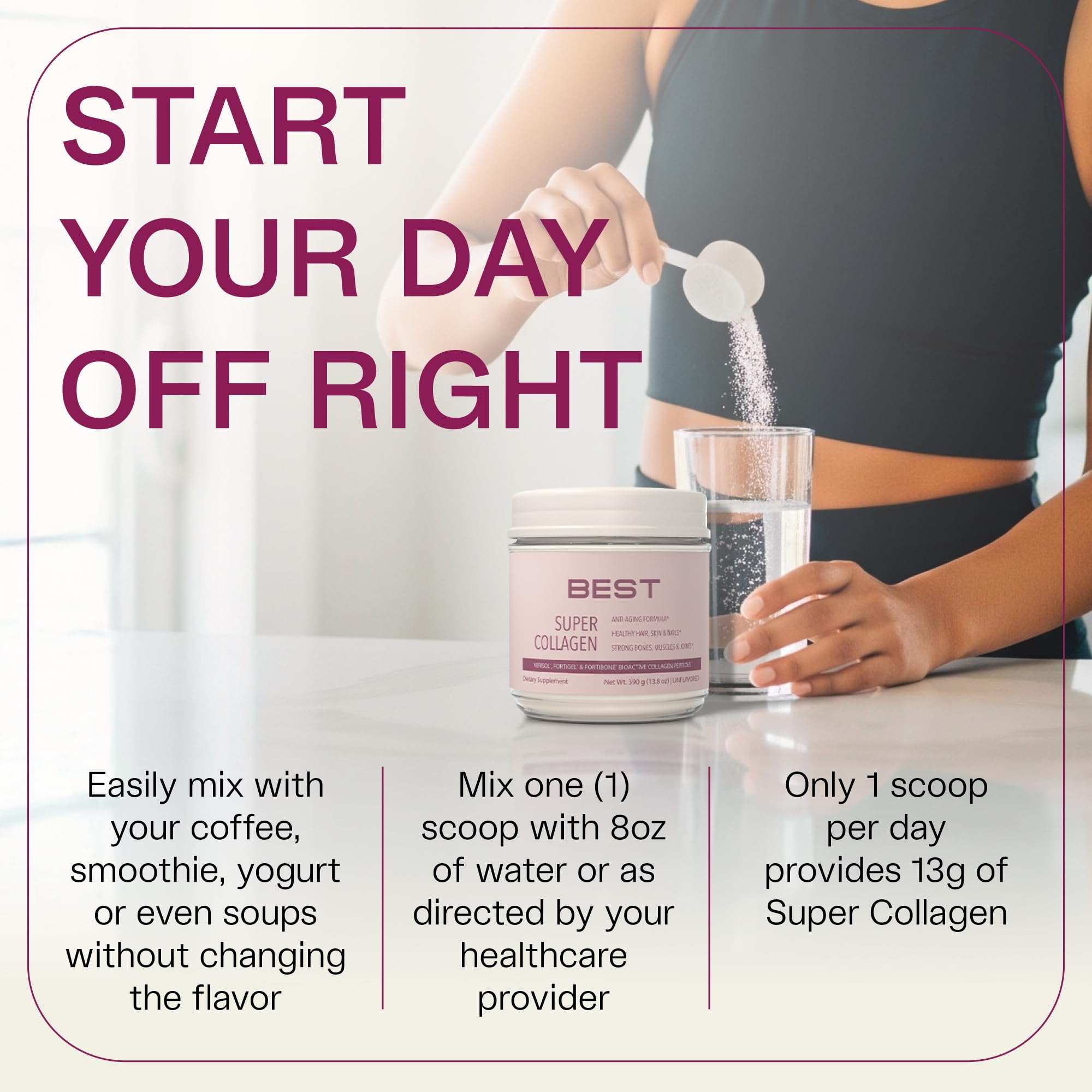 Daily routine with VERISOL shown as coffee or smoothie mix