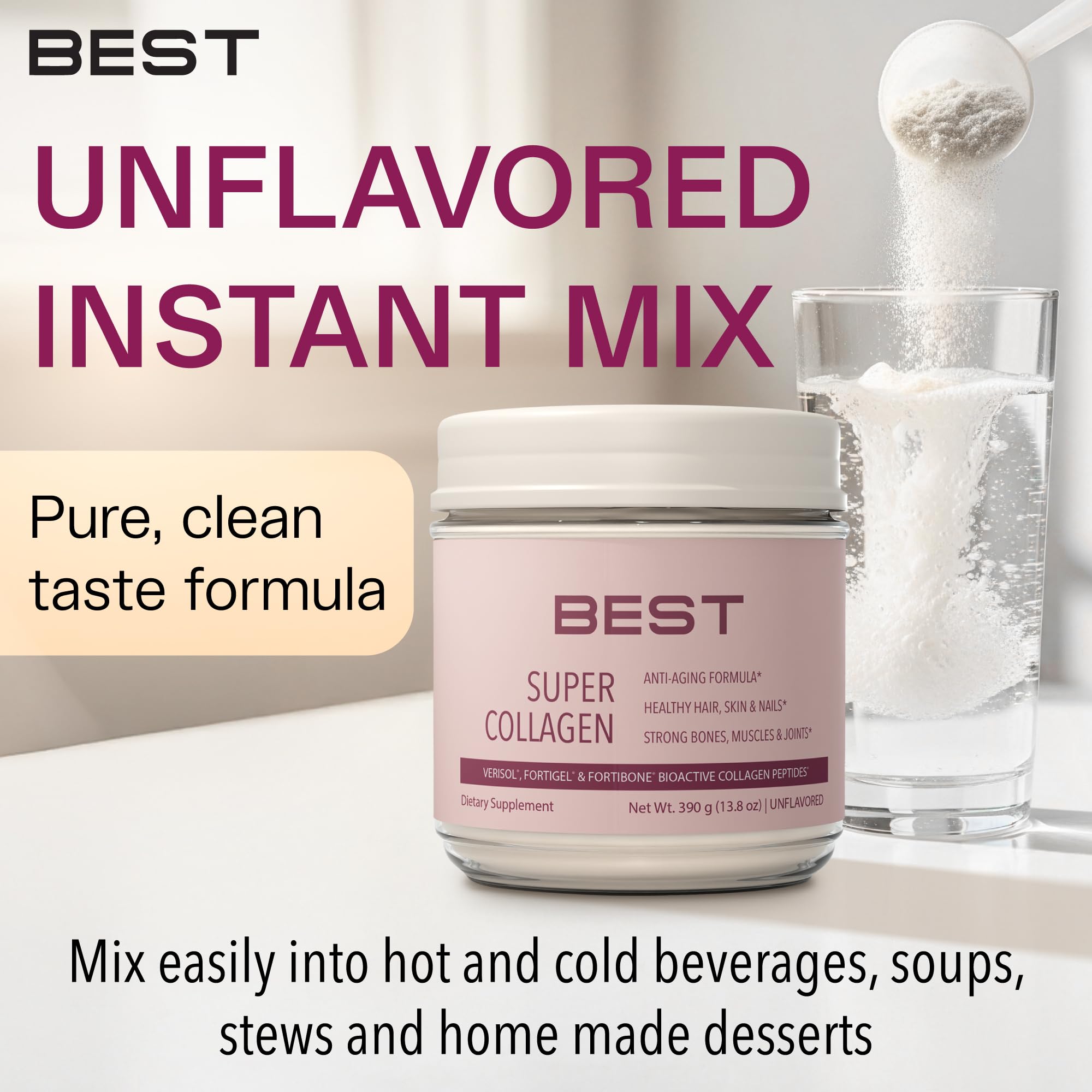 BEST Supplements VERISOL unflavored powder dissolves quickly in drinks for versatile daily use
