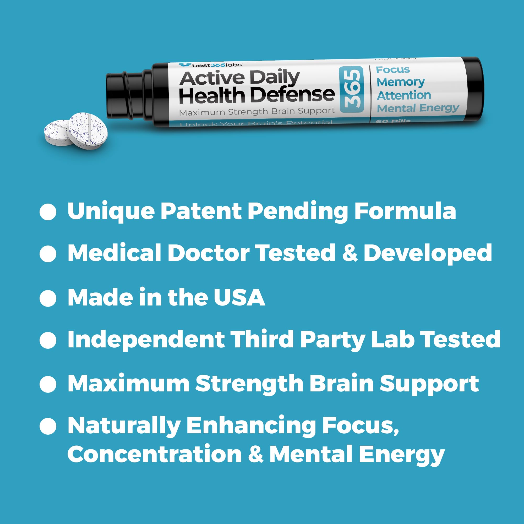 Best 365 Labs maximum-strength brain support ingredients chart highlights methylene blue, caffeine, and L-theanine