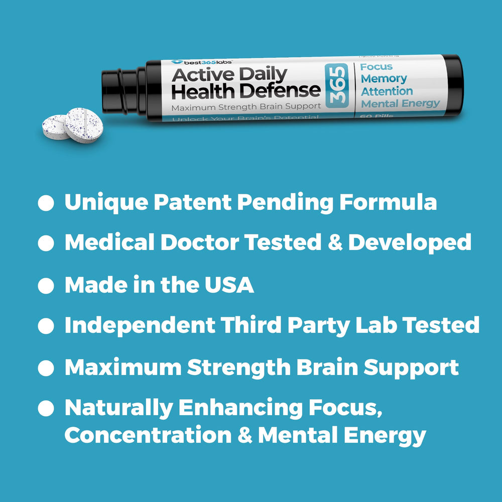 Best 365 Labs maximum-strength brain support ingredients chart highlights methylene blue, caffeine, and L-theanine