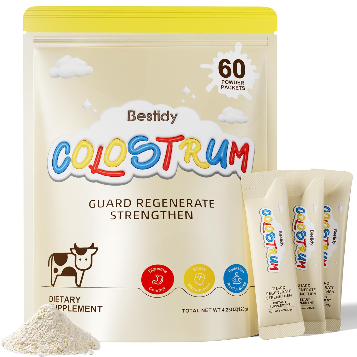 Bestidy Colostrum powder supports gut comfort with IGG-rich nutrients.