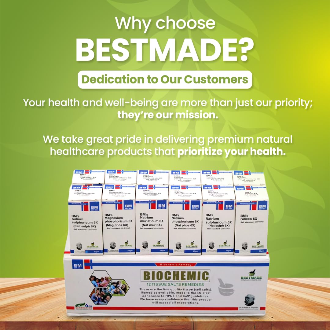 Bestmade tissue salts bottle labels highlighting dosage and salt type