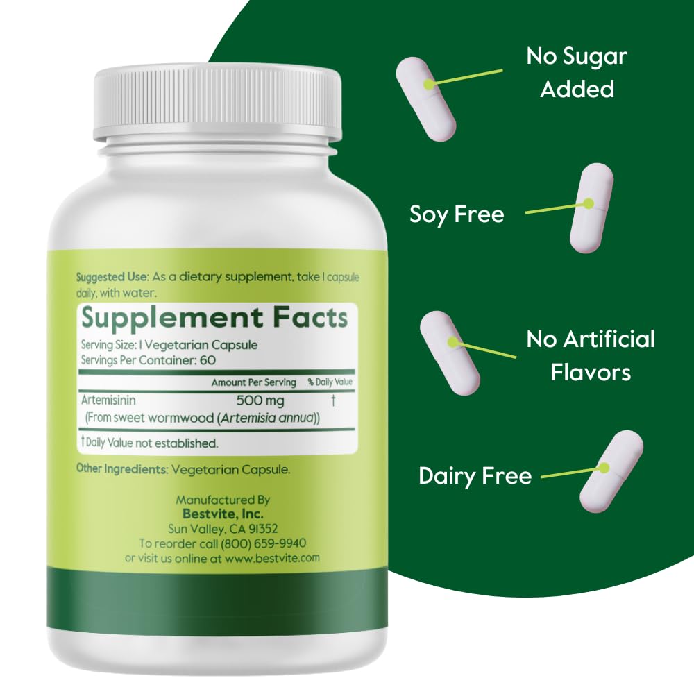 Close-up of Bestvite Artemisinin capsules showing pure, additive-free content.