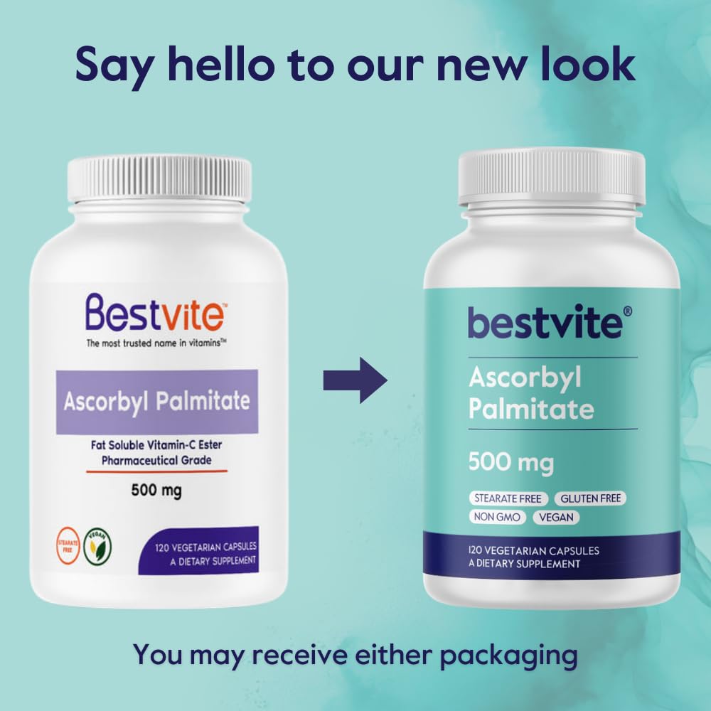 Front label of Bestvite Ascorbyl Palmitate emphasizing purity and GMP standards.