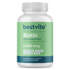 BESTVITE Biotin 5000mcg bottle supports healthy hair, skin, and nails.