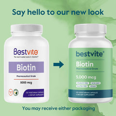 BESTVITE Biotin 5000mcg label view highlights no stearates and gluten-free features