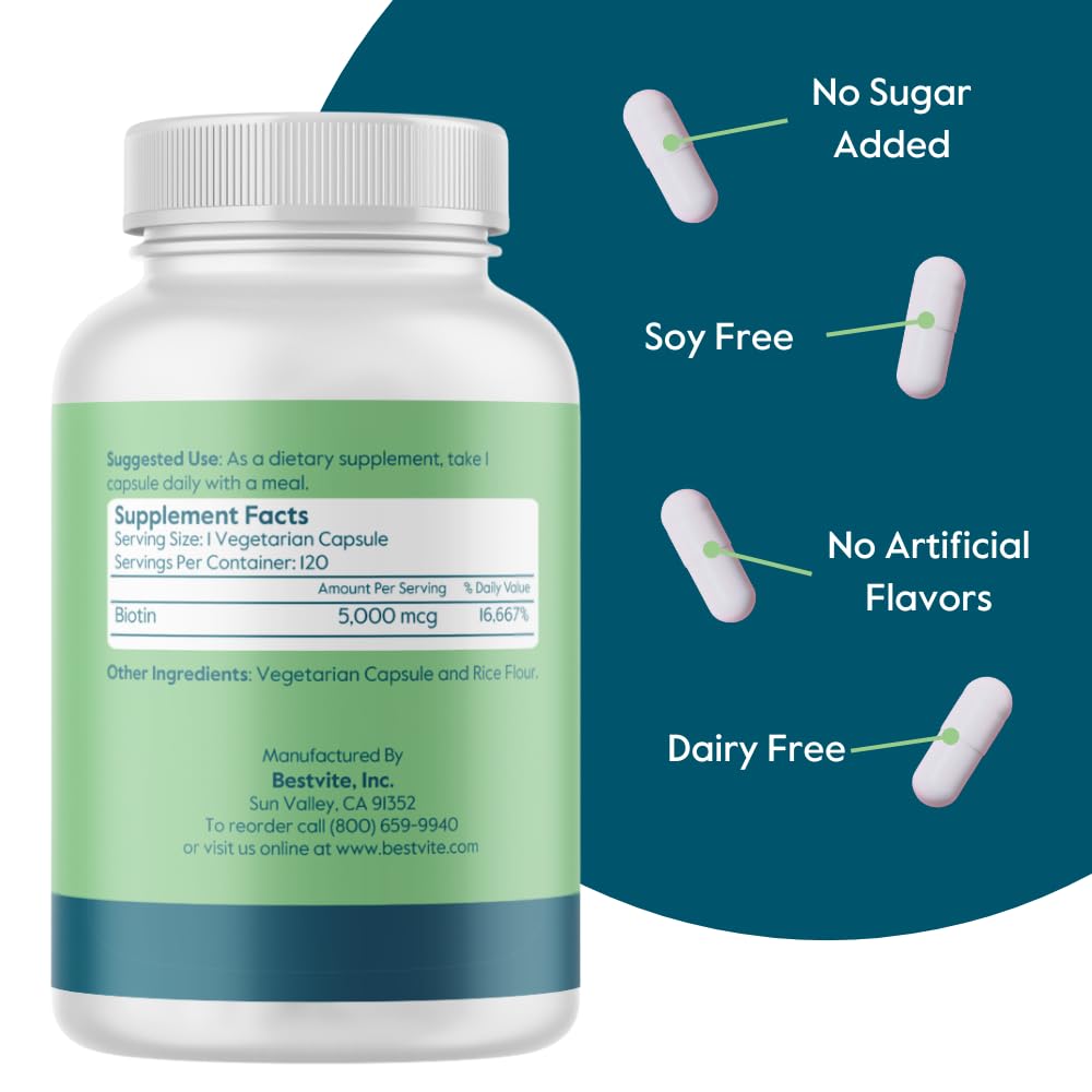 BESTVITE Biotin vegetarian capsules emphasize vegan, non-GMO nutrition.