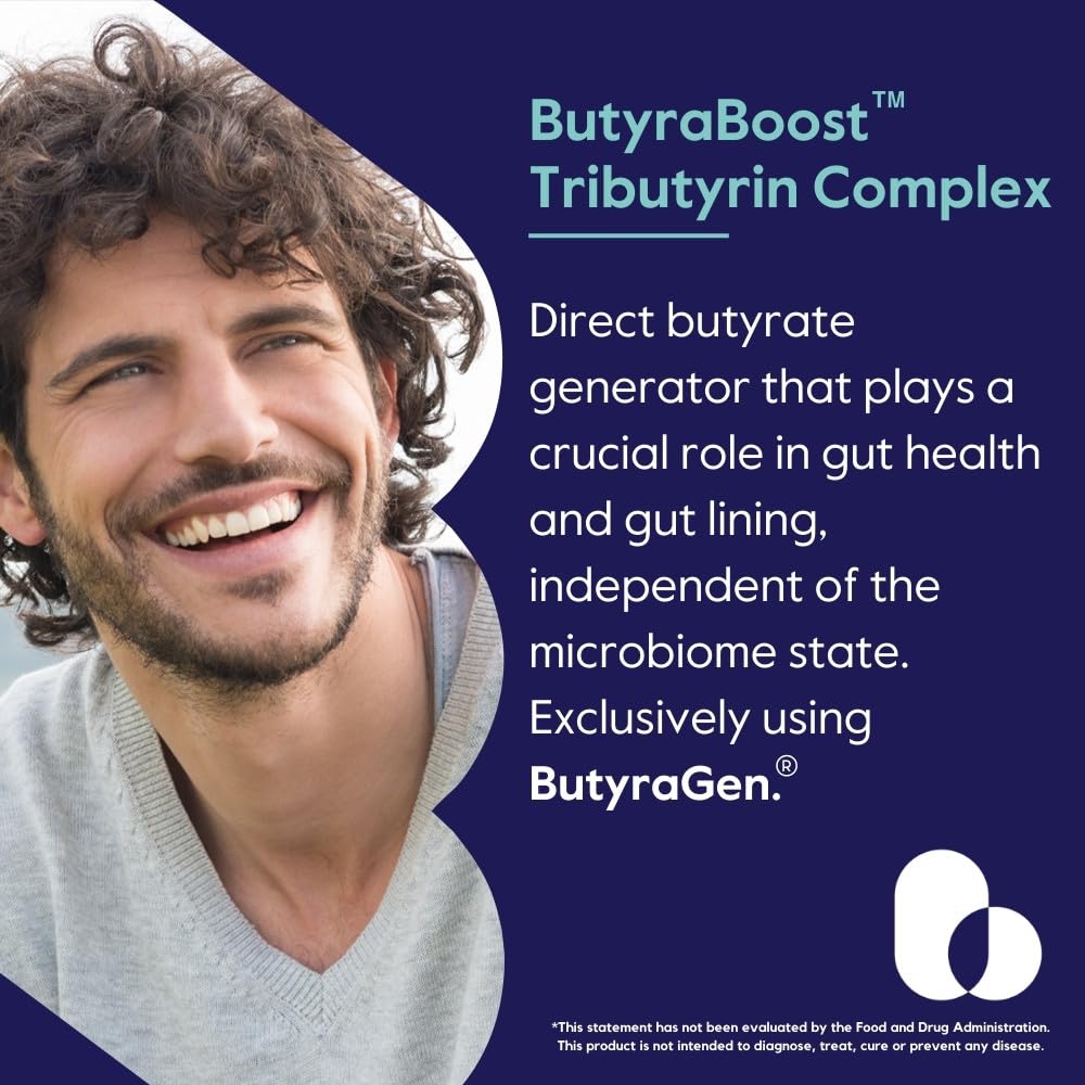 BESTVITE ButyraBoost capsules close-up highlighting tributyrin complex and vegan formula