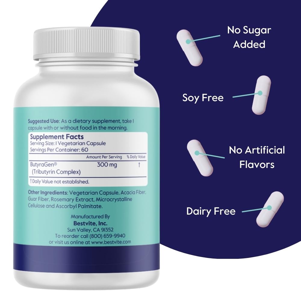 BESTVITE ButyraBoost ingredients list with sunfiber and tributyrin for gut-friendly benefits