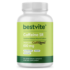 BESTVITE Caffeine SR bottle open reveals capsules for smooth all day energy.