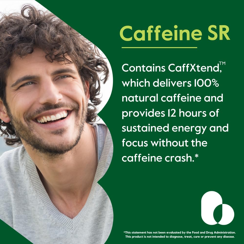 Close up of BESTVITE Caffeine SR capsules highlights 100 mg dose.