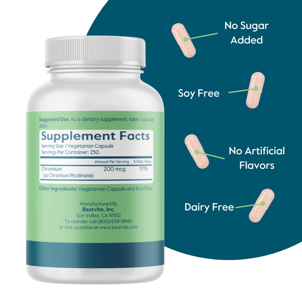 bestvite chromium picolinate capsules closeup, 200 mcg per serving for nutrient utilization