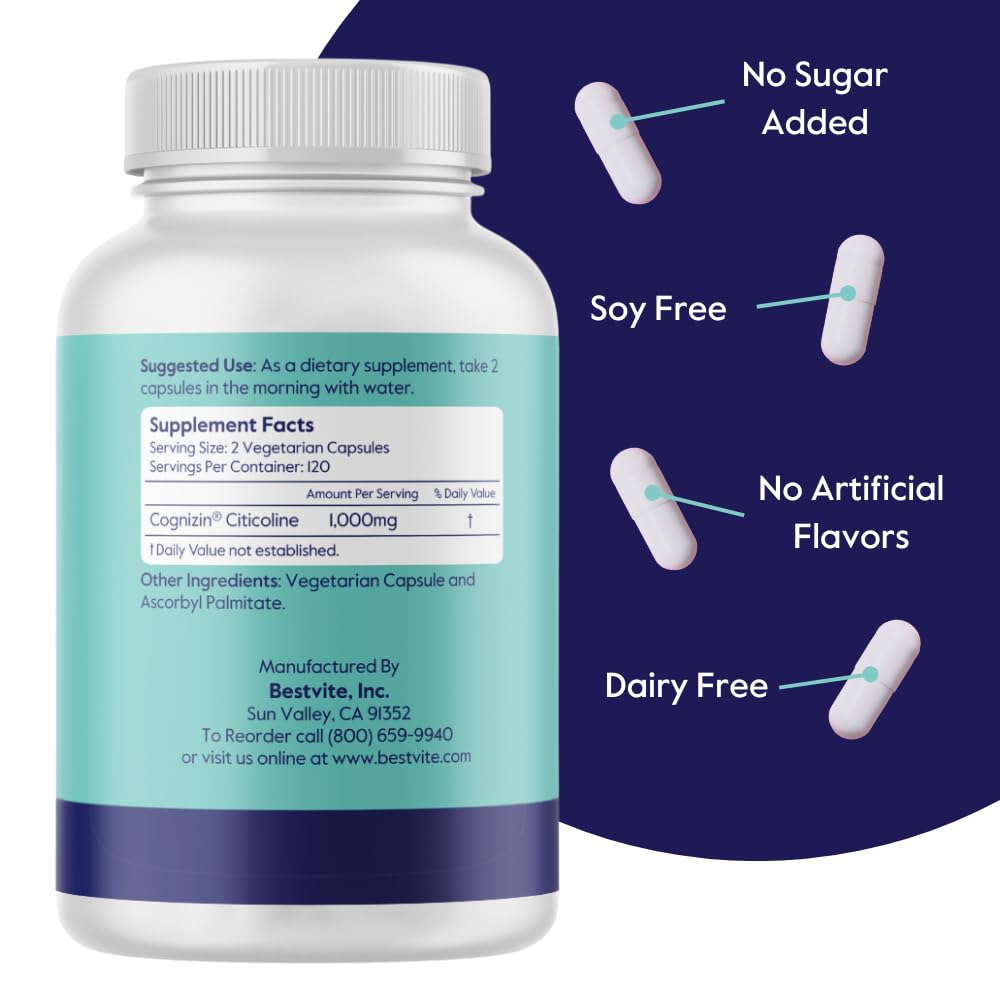 Bestvite Cognizin etiqueta nutricional resalta dosis de 500 mg para uso diario.