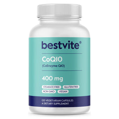 Bestvite CoQ10 400mg bottle label showing fermentation and potency