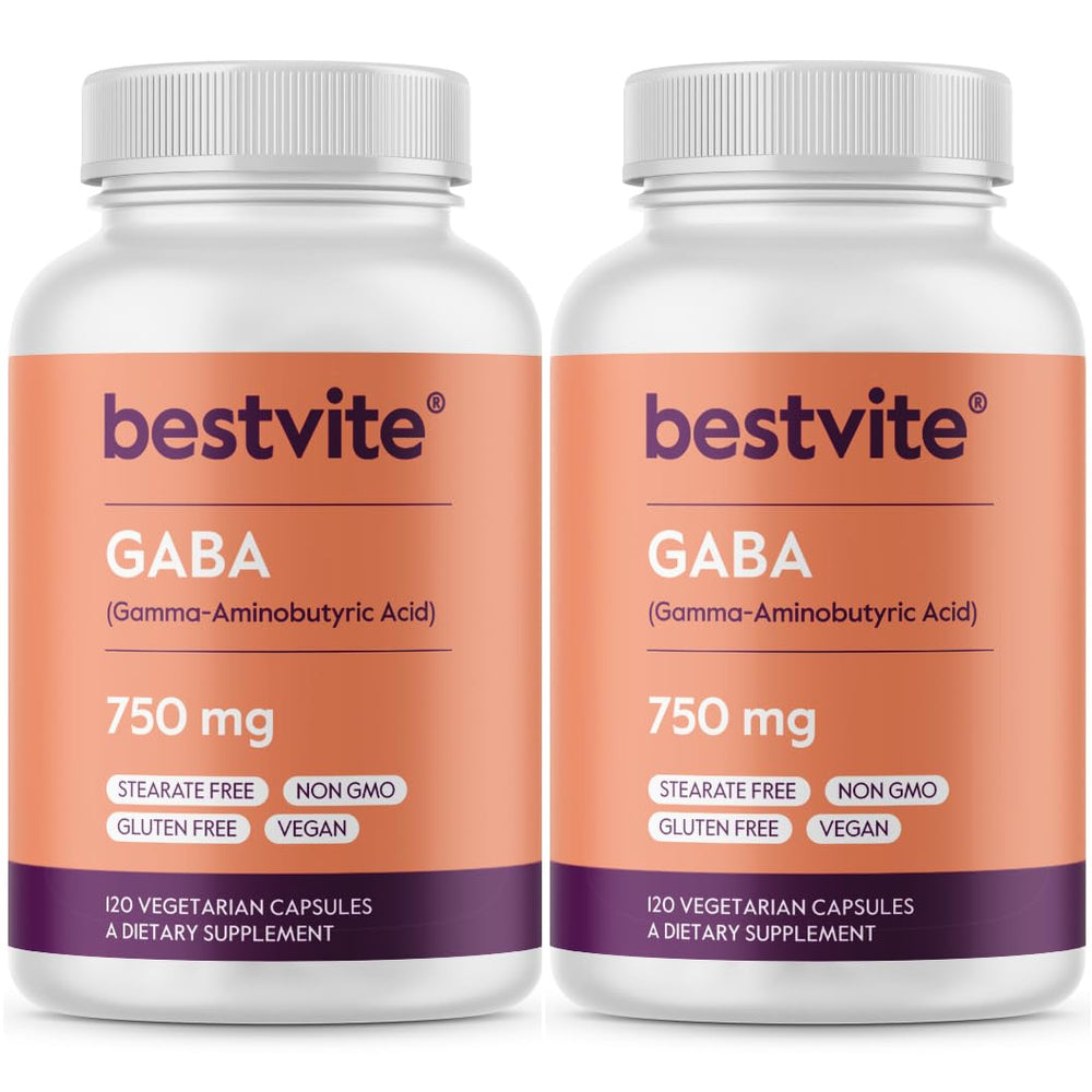 Bestvite GABA bottle front with dosage info for daily relaxation support.