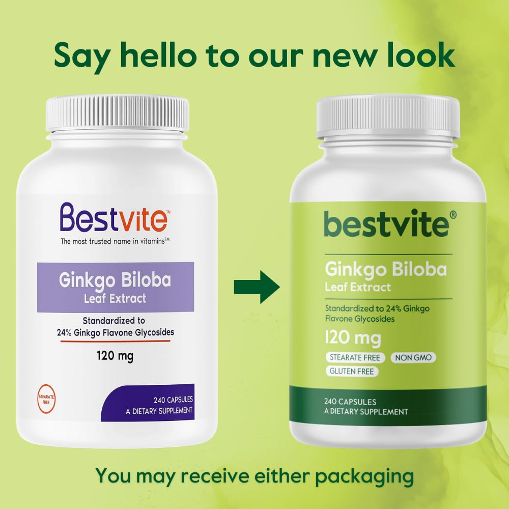 Bestvite Ginkgo Biloba consumer scene shows bottle beside glass for daily routine.